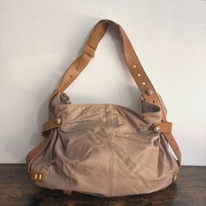 Lucky Penny Anthropologie Soft Leather Shoulder Bag Taupe Strappy Buttons